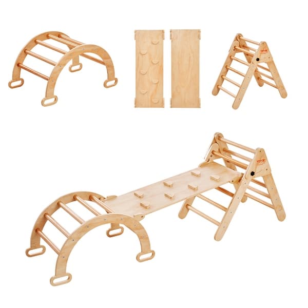 slide 2 of 28, VEVOR Pikler Triangle Set Toddler Climbing Toys Indoor Playground, Ramp, and Arch, Montessori Climbing Set Medium Size - Wood Color