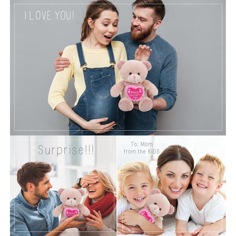 DolliBu Mother’s Day Super Soft Plush Baby Pink Bear With Pink Heart - 8 inches