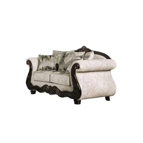 Loveseat with Fabric and Ornate Details, Beige and Silver