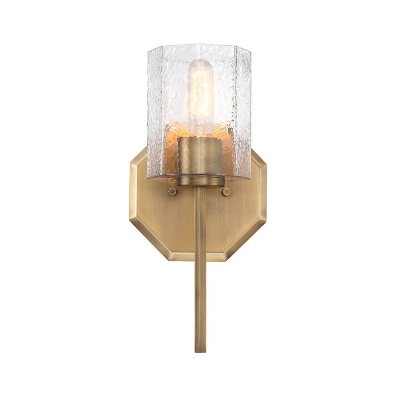 Haven 7 in. 1-Light Old Satin Brass Wall Sconce Light with Clear Rippled Glass Shades for Bathrooms