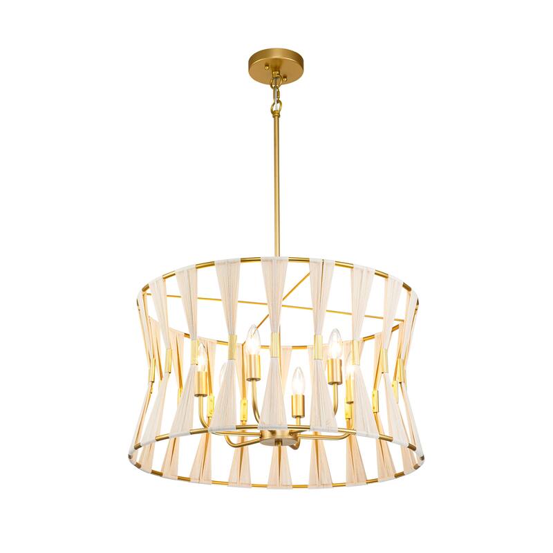 6-Light 23.6" Farmhouse Boho Hand-Woven Ivory Rope Tapered Fabric Drum Chandelier