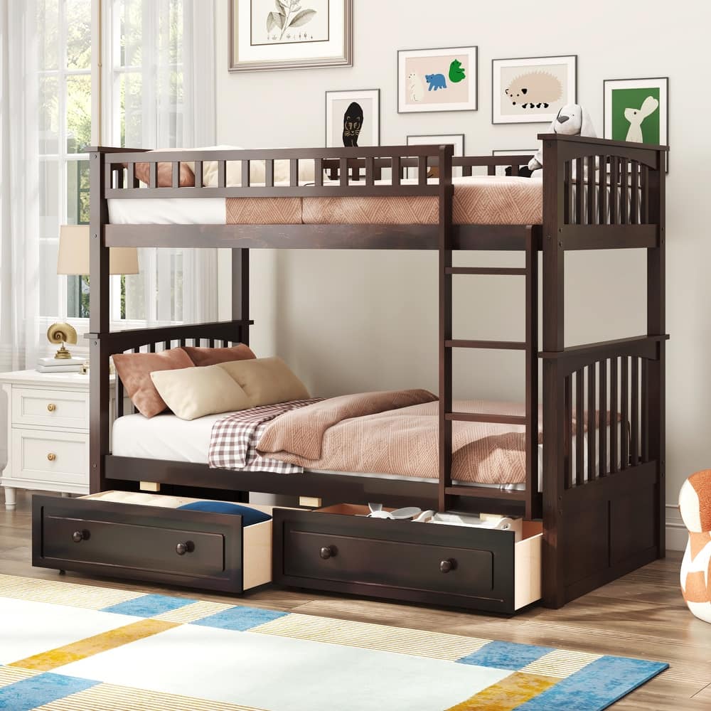 Twin over Twin Bunk Bed with 2 Drawers & Convertible Design，400lb Capacity