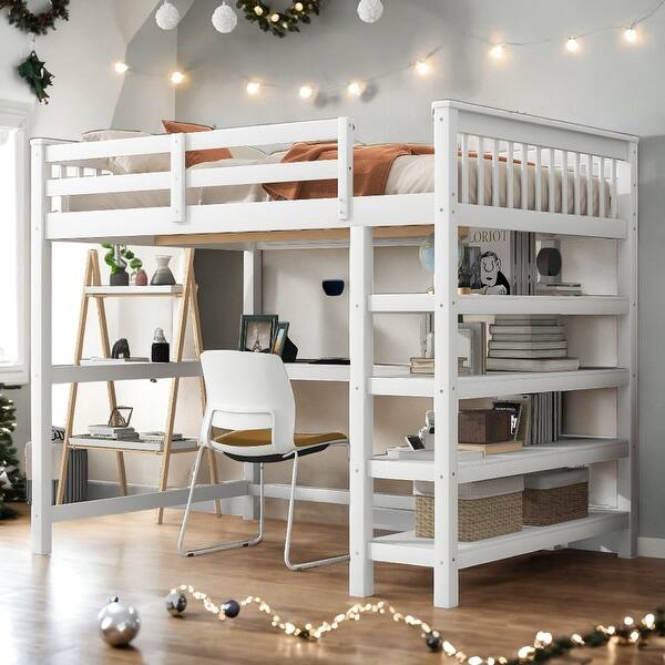 slide 2 of 48, Full Size Loft Bed with Storage Shelves and Under-bed Desk, White White