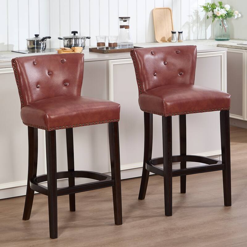 Set of 2 Cow Print Leather Bar Stools with Back, Fixed Height Wooden Frame, Brown