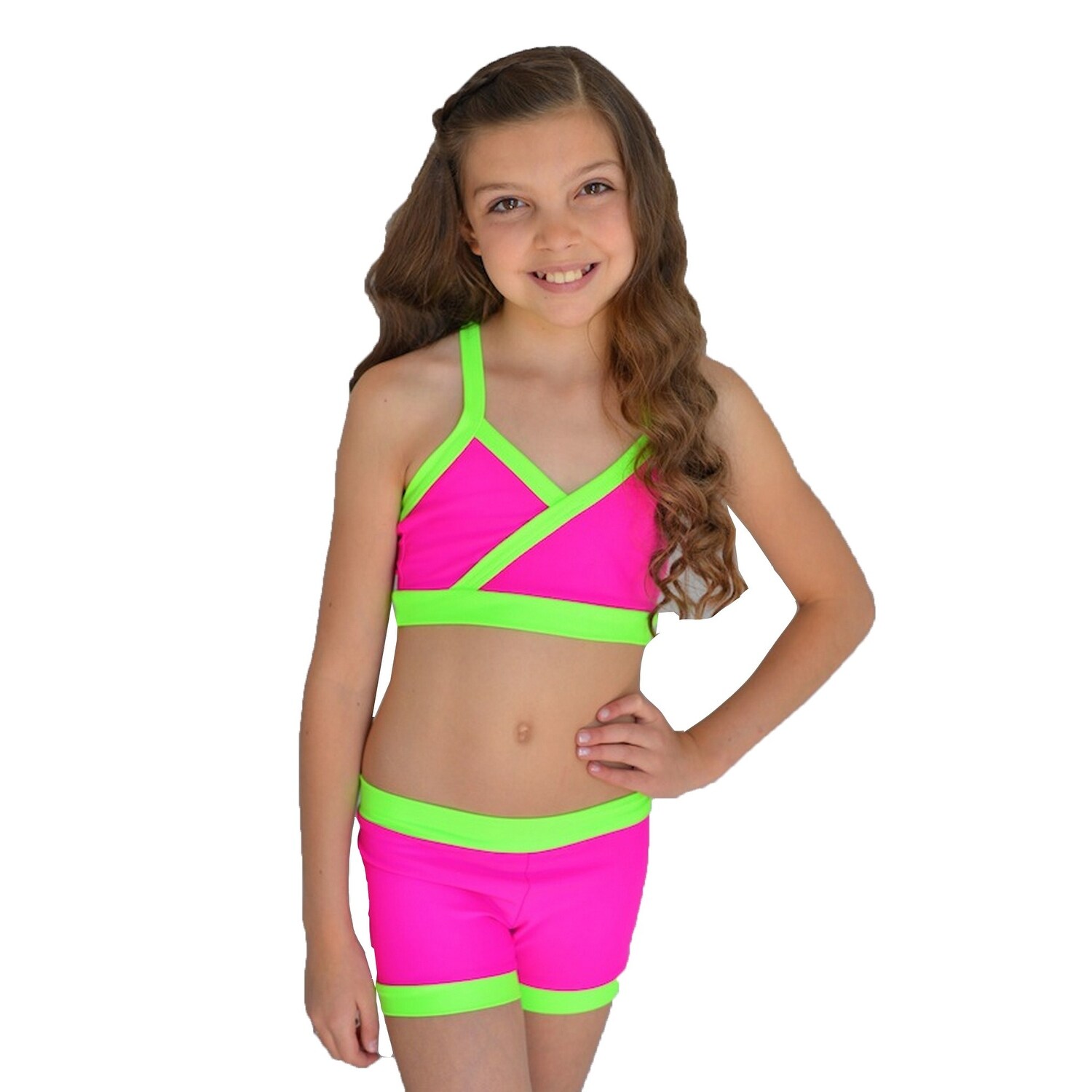 Shop Lexi Luu Girls Fuchsia Neon Green Zoey 2 Pc Crop Top Dance