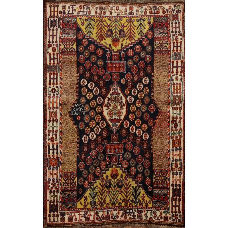 Hand Knotted Oriental 100% Wool Carpet Traditional Tribal Navy Blue & Blues Shiraz Area Rug - 6' 1'' X 3' 8''
