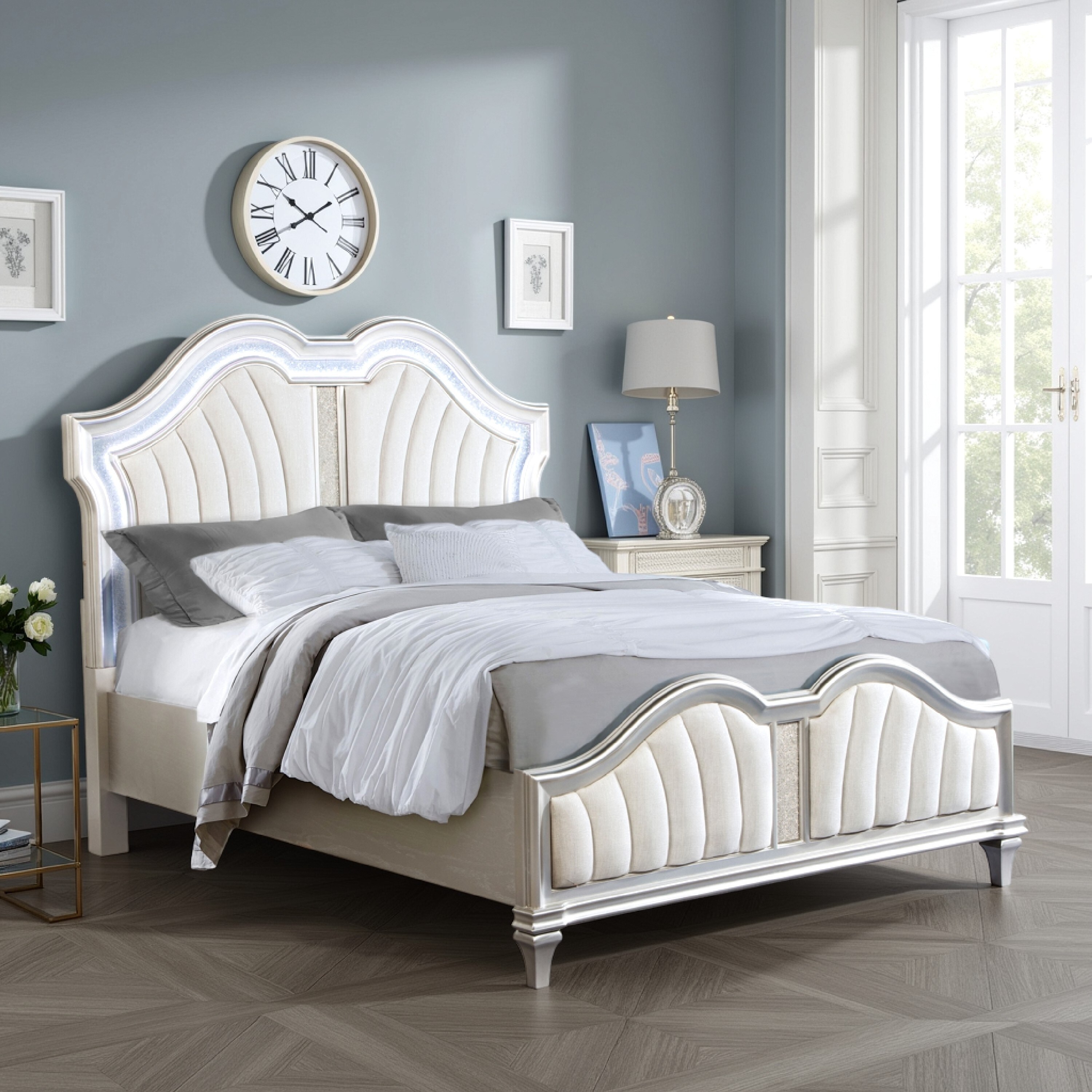 Nive Platform Queen Size Bed, Double Arched, Upholstered, Silver Oak