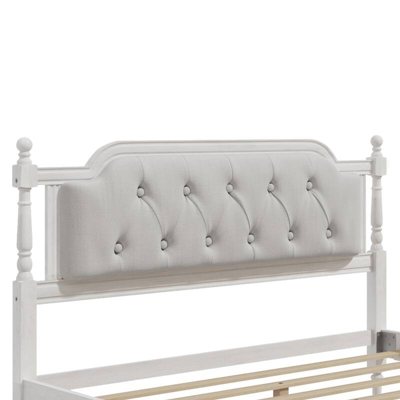 Linen Fabric Upholstered Tufted Headboard Wood Bed Frame