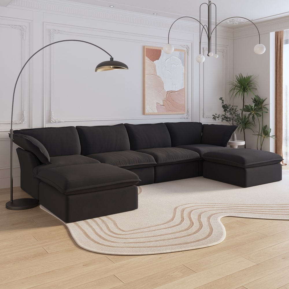 162''W Linen Blend Sectional Sofa with 2 Ottomans U-shaped Sofa Couch