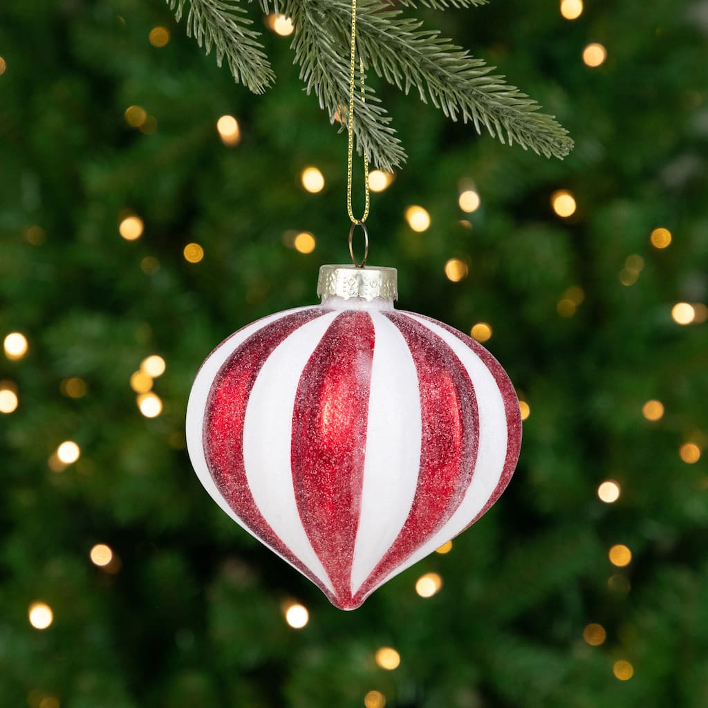 4Ct Red White Glittered Candy Cane Onion Glass Christmas Ornaments 3"