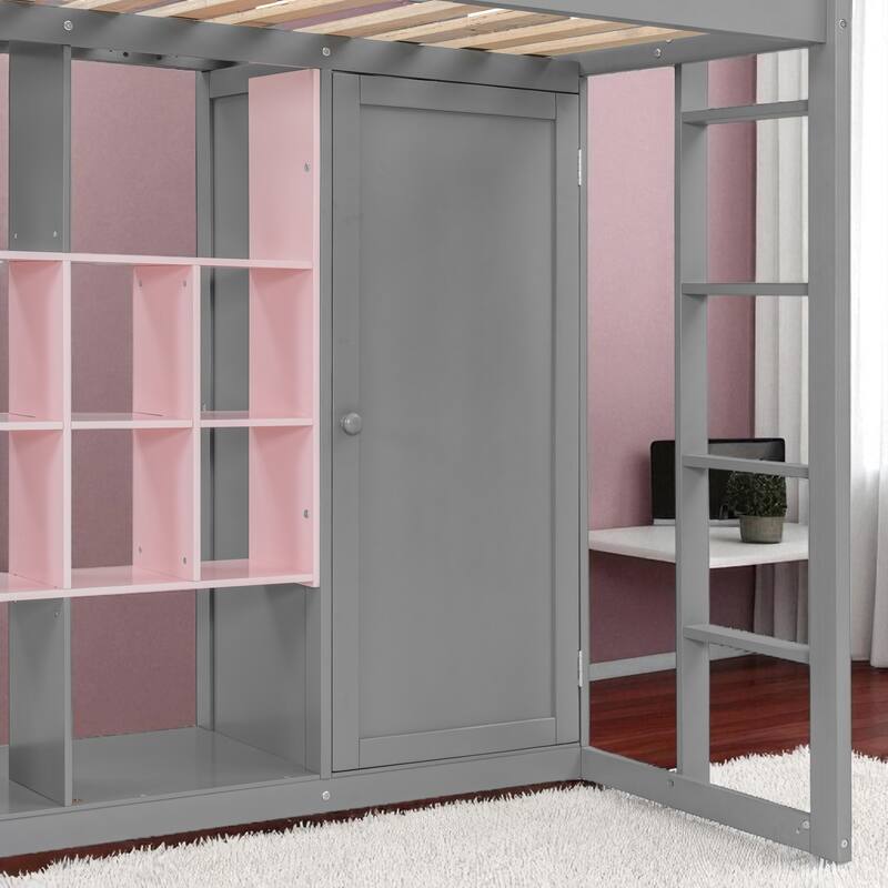 Space-Saving Twin/Full Loft Bed, Solid Wood Frame with Open Wardrobe, Colorful Shelves, Cabinet Storage & Reversible Ladder
