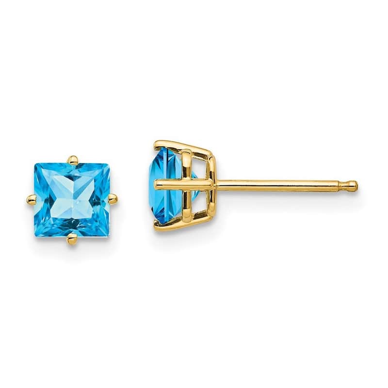 Curata 14k Yellow Gold Post 5mm Princess Cut Blue Topaz Earrings