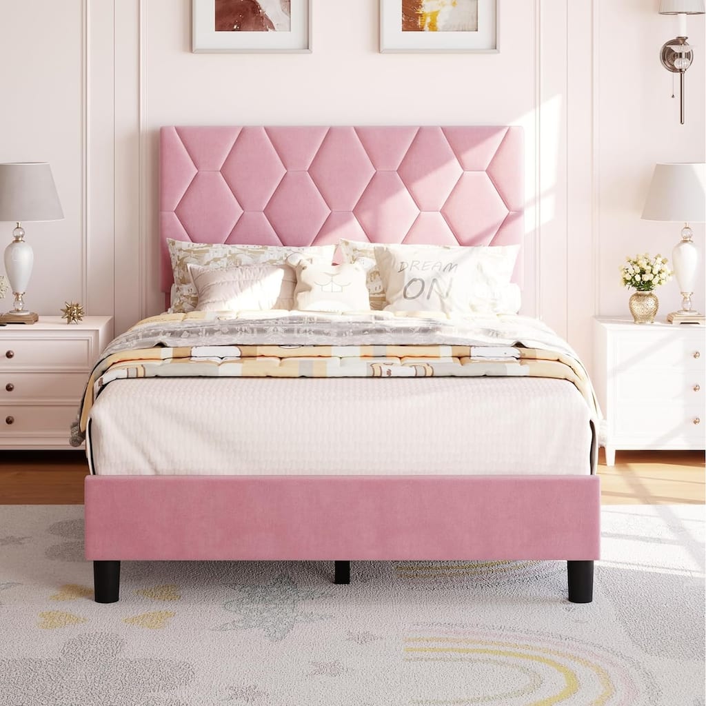 Platform Bed Frame with Upholstered Headboard, Wood Slats Support, No Box Spring Needed, Noise-Free & Easy Assembly
