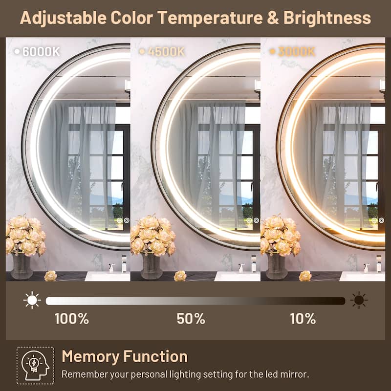 KEONJINN Round LED Front Light Bathroom Vanity Wall Mirror 3 Colors, Anti-fog, Metal Frame