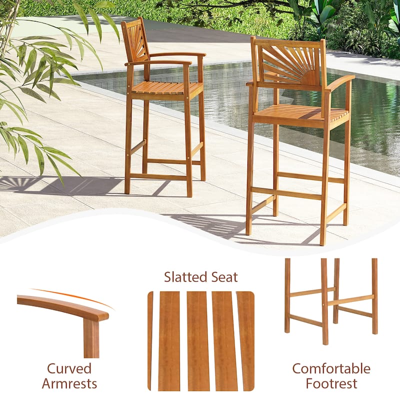 Gymax Set of 2 Outdoor Acacia Wood Bar Stools Bar Height Patio Chairs