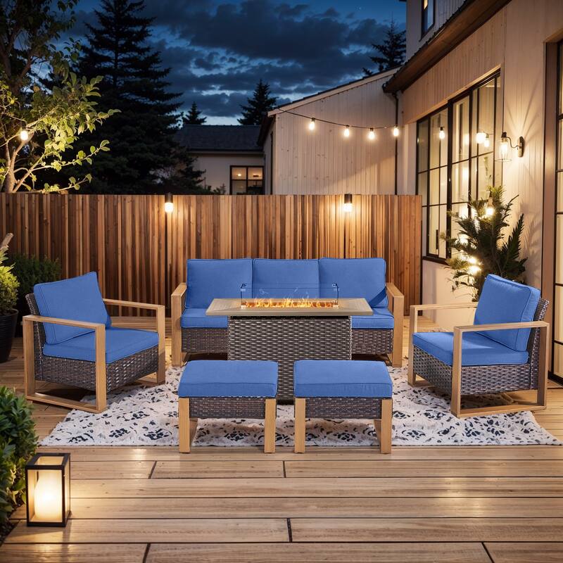 Pocassy Fire Pit Table with Outdoor Sofa Chair Ottoman Set - Brown Wicker Blue Cushion - 6-Piece Sofa Patio Chair Ottoman with Fire Table