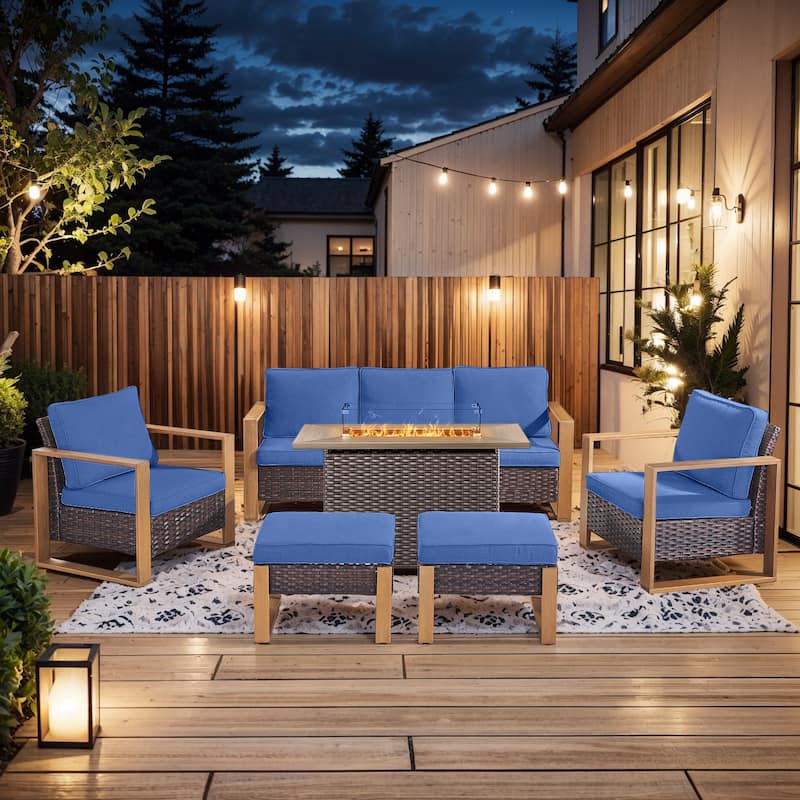 Pocassy Outdoor Wicker Sofa Patio Chair with Fire Table Set - Brown Wicker Blue Cushion - 6-Piece Sofa Patio Chair Ottoman with Fire Table