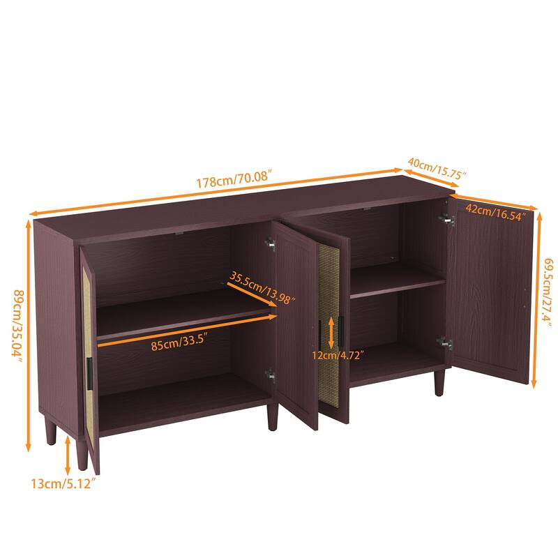 Rattan Buffet Cabinet with Storage, 4-Door Sideboard Buffet Cabinet with Adjustable Shelves for Kitchen, Living Room
