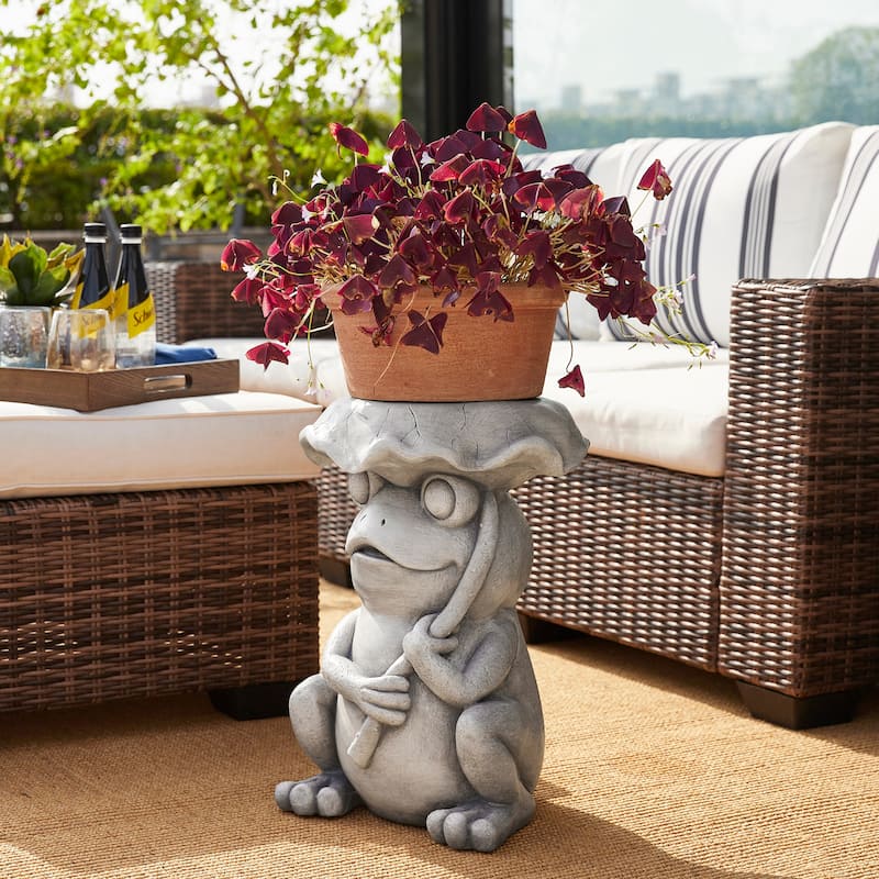 Glitzhome 19"H MGO Frog and Lotus Faux Concrete Garden Stool