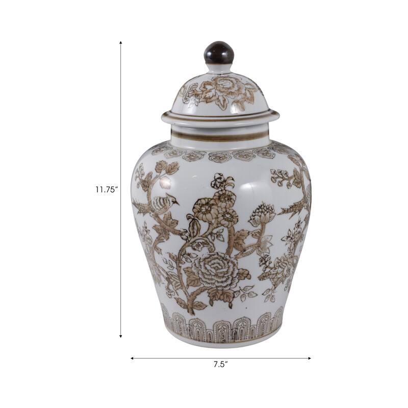 Stoneware Jar Chinoiserie Floral Bird Design Home Office - 12" Brown