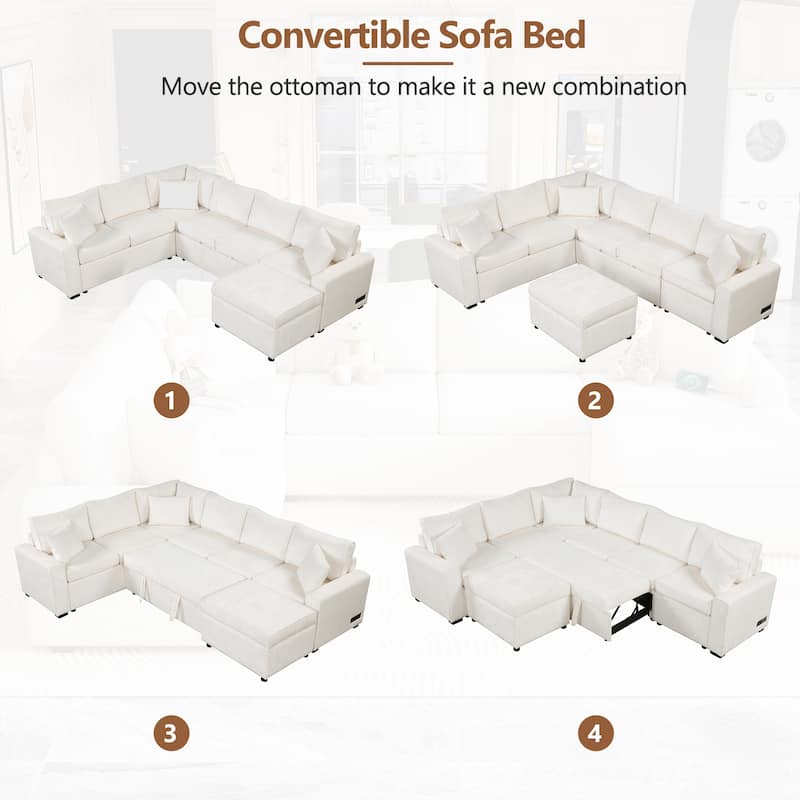 Chenille Sectional Sofa Pull-out Sofa Bed, L-Shape Sleeper Sofa with Storage Ottoman, 3 Pillows and Charging Devices