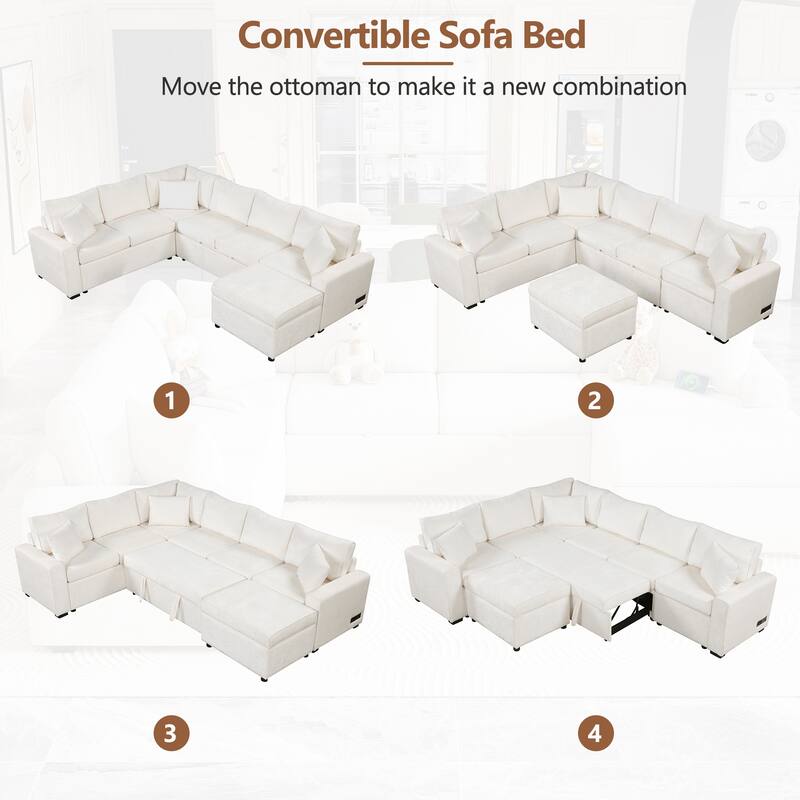 Sectional Sofa Pull-out Bed with Storage Ottoman and Charging Devices
