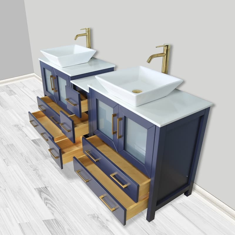 Vanity Art 72" Double Sink Bathroom Vanity Set with Engineered Marble Top Free Mirror - 72 x 18.5 x 36 Inches