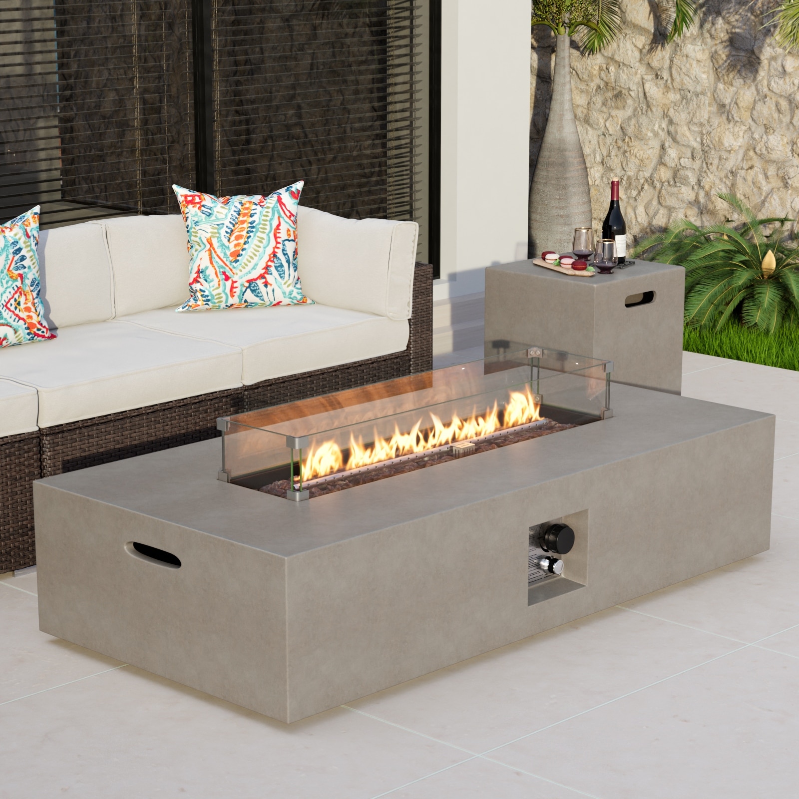 COSIEST 56'' Outdoor Propane Rectangle Fire Pit with Tank,Wind Glass