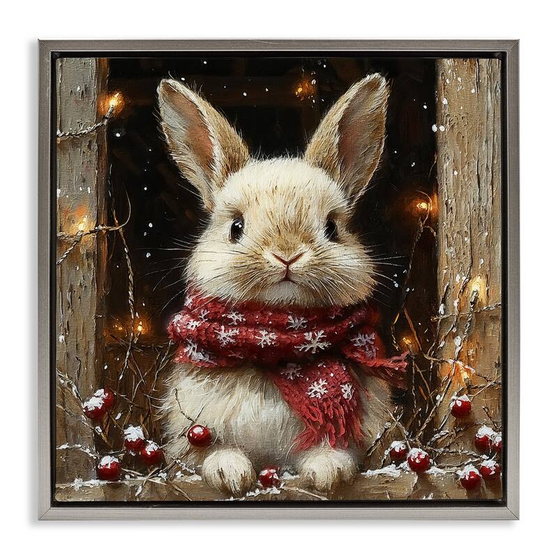 Stupell Bunny with Snowy Holly Berries Framed Floater Canvas Wall Art Design By Riley B - 18 x 18 - Grey
