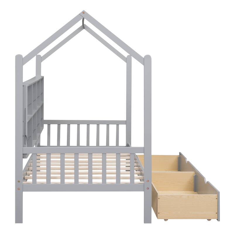 Twin Size Wooden House Bed with 2 Drawers and Storage Shelf, Kids Bed with Roof Design