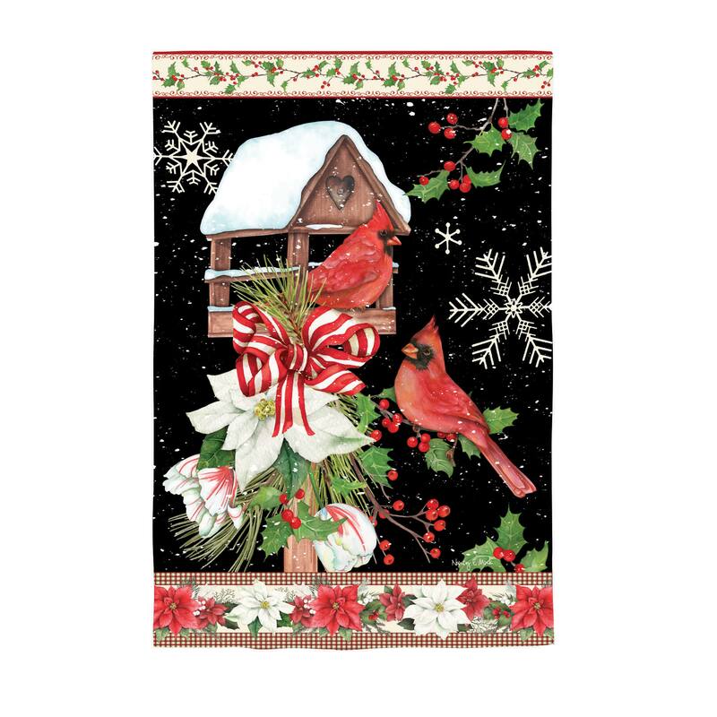 28 in. x 44 in. Joyful Cardinal Winter Visit Suede House Flag
