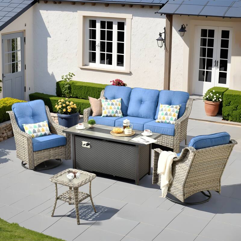 HOOOWOOO 5-piece Rattan Outdoor Patio High Back Swivel Chair Set with 54"Fire Pit - Diamond Blue