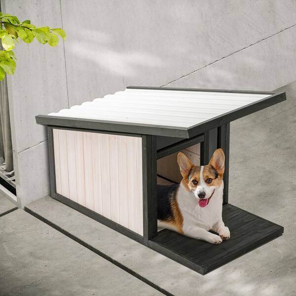 Outdoor Dog House with Weatherproof Pitched Roof Panel Bed Bath