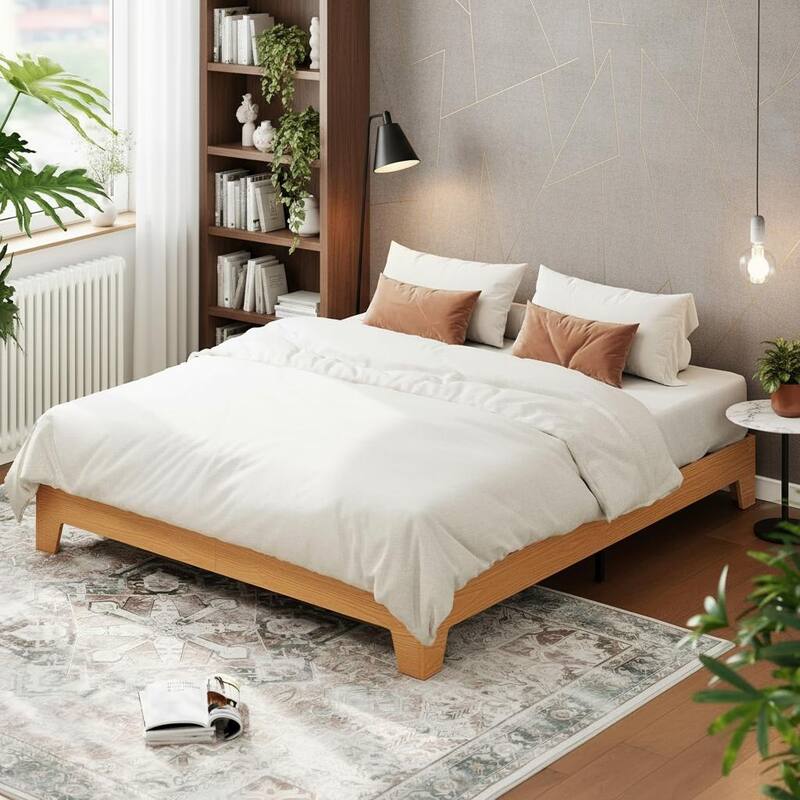 Wood Platform Bed Frame, with Strong Wooden Slats - Pine - King