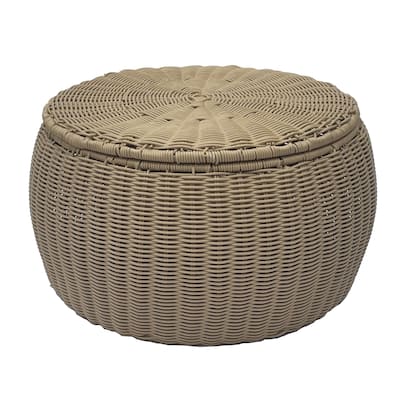 Outdoor /Indoor Tan Pouf Wicker Footstool Ottomans Storage Seat With Lid