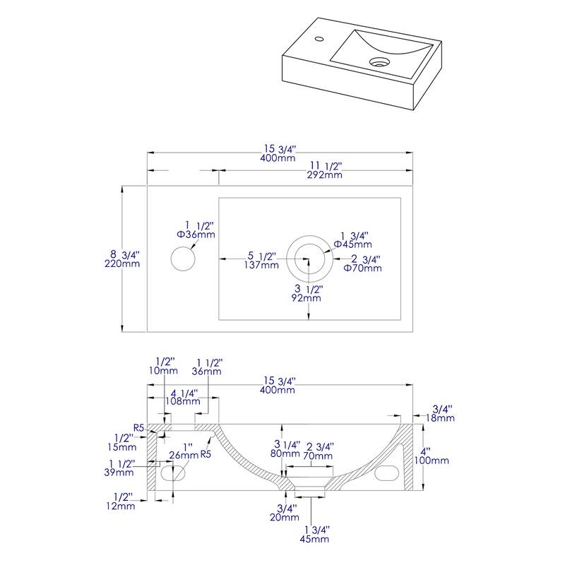 ALFI brand 16" Small Rectangular Solid Concrete Gray Matte Wall Mounted Bathroom Sink