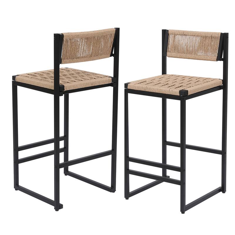 Set of 2 Paper Rope Bar Stools with Footrest, Counter Height Dining Chairs for Kitchen - Black & Honey