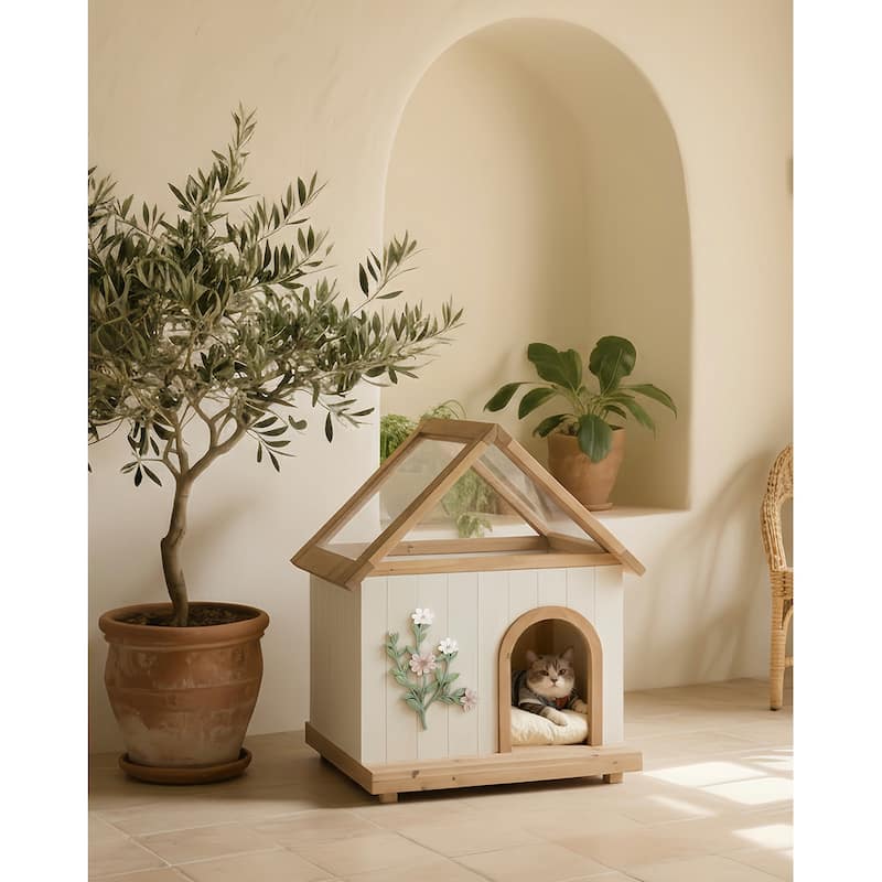 Transparent Roof Pet House with Floral Carving FSC-Certified Cedar Indoor Shelter for Cats