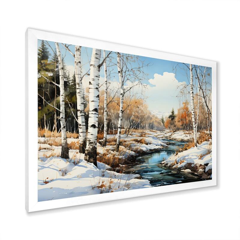Designart "Birch Woods Winter Whispers III" Tree Birch Framed Wall Art Living Room