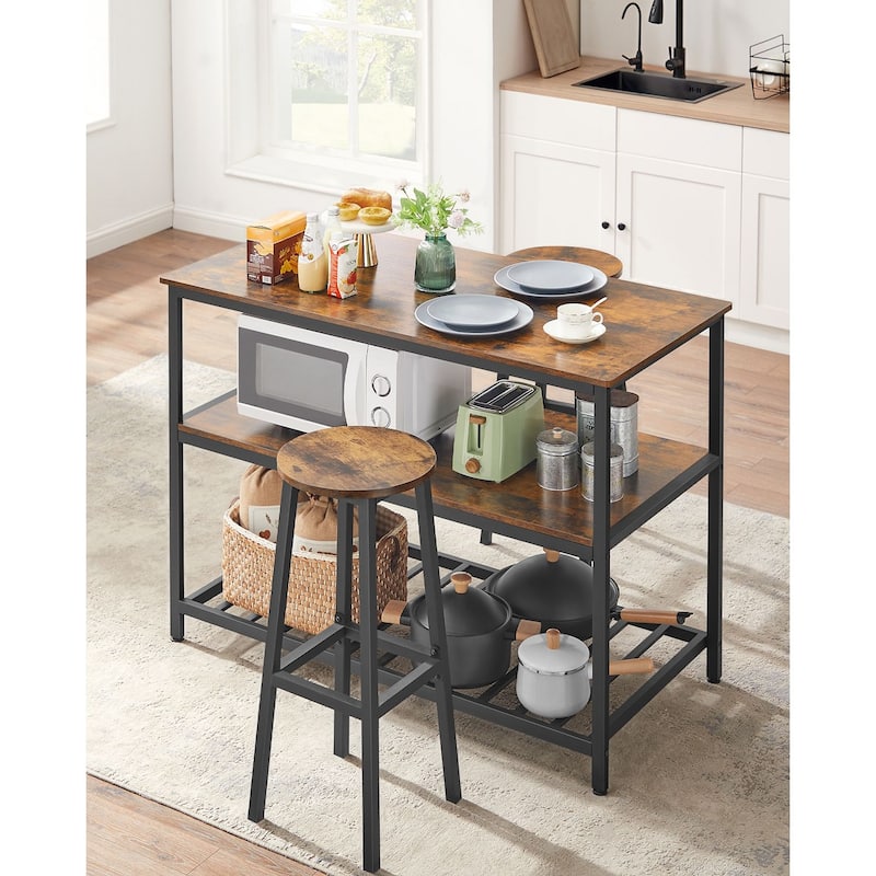 Black Metal Kitchen Shelf with Large Wooden Worktop and Adjustable Storage Racks