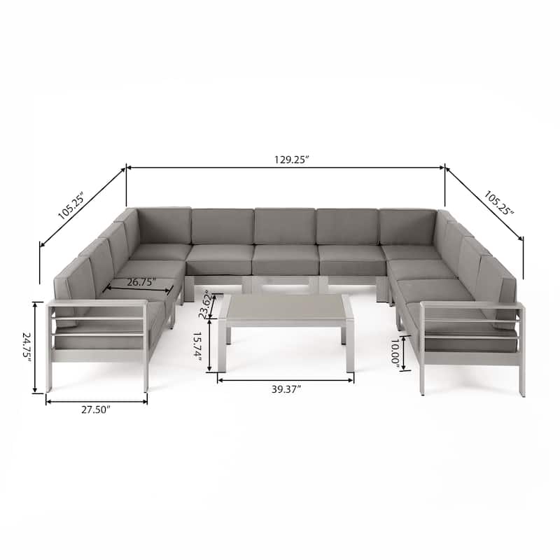 Cape Coral Outdoor 11 Seater Aluminum U-Shaped Sofa Sectional and Table Set by Christopher Knight Home