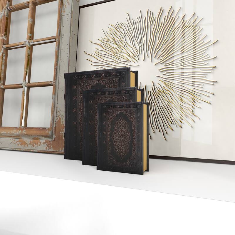 Dark Brown Wooden Faux Storage Book Decorative Box with Faux Leather Detailing (Set of 3)