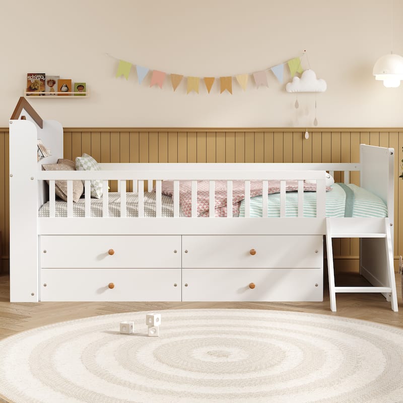 Twin Size Daybed with 4 Storage Drawers and House Headboard, Wooden Twin Size Platform Sofa Bed Frame with Fence and Ladder - White - Twin