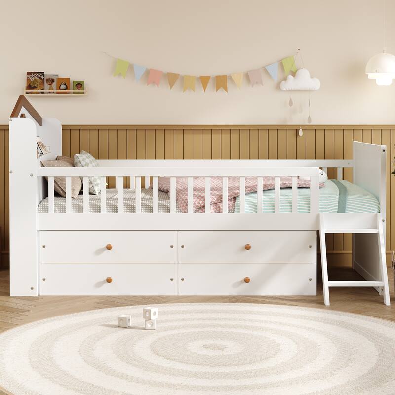 Twin Size Platform Bed Frame with 4 Storage Drawers & Guardrail Headboard for Bedroom, Wooden Kids Storage Bed with Ladder - White - Twin
