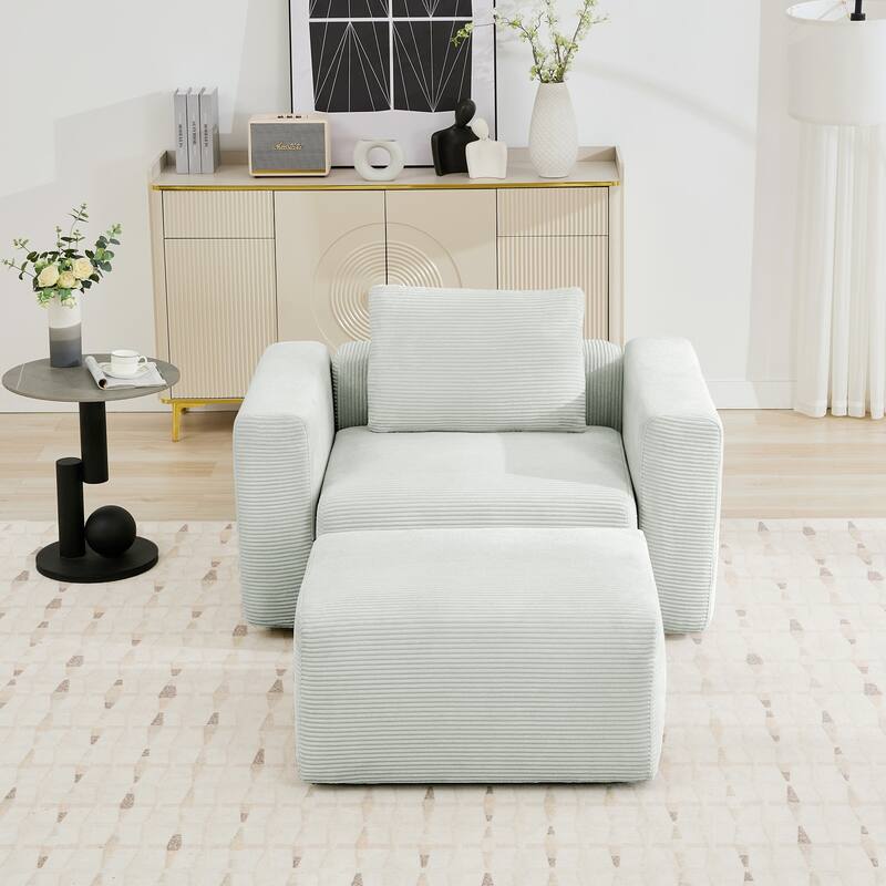 Corduroy Single Sofa Chair with a Large Ottoman, Square Arms & Ottoman Extension