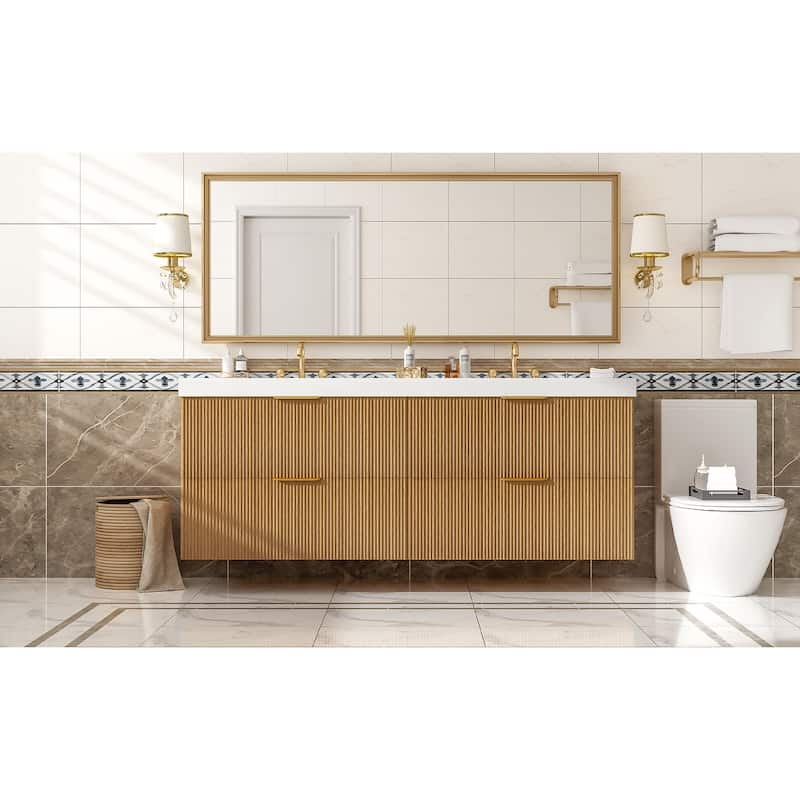 GDFStudio - Stratford Modern Wall Mounted Double Sink Bathroom Vanity with SMC Countertop, Soft Close Drawers & Storage - 19.8"