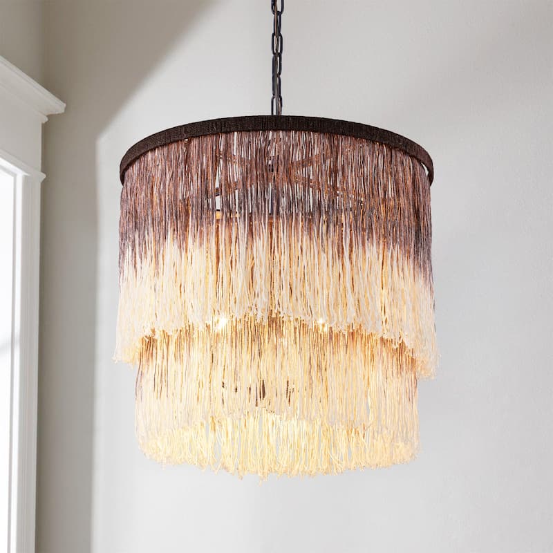 17.7" 3-Light Bohemian Farmhouse Purple Round Hand-made Cotton Fringe Tiered Hanging Chandelier Living Room,Bedroom