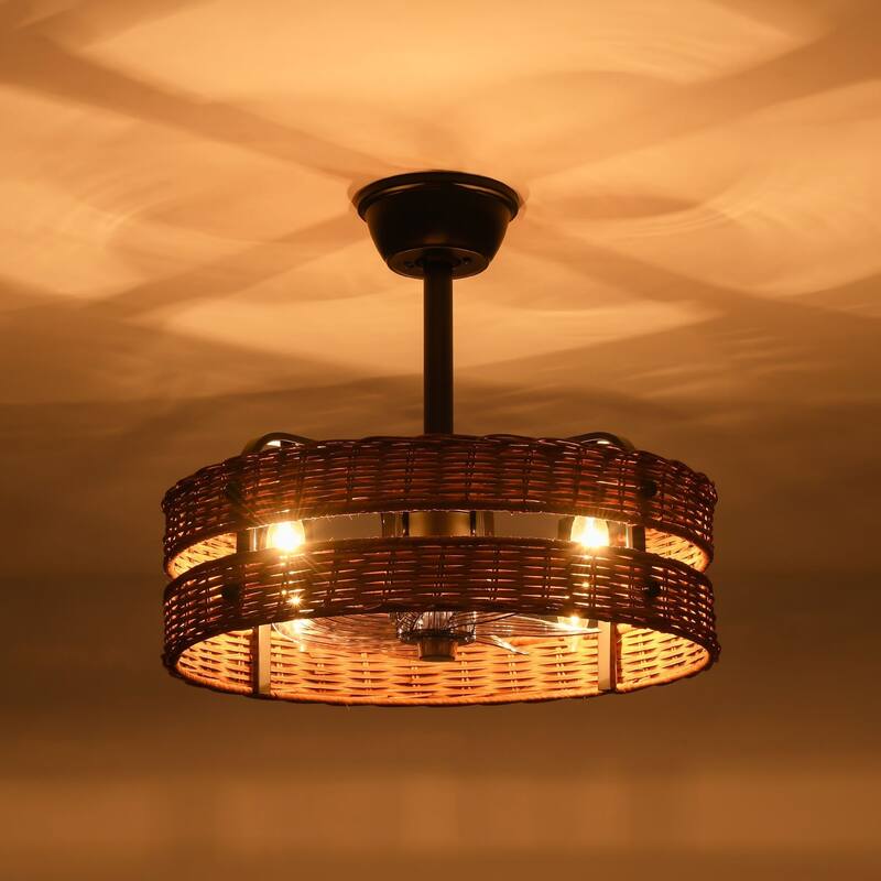 4-Light Farmhouse Brown and Black Woven Rattan Drum Ceiling Fan Lighting with Remote Control - 19.3 in. W x 6.9 in. H