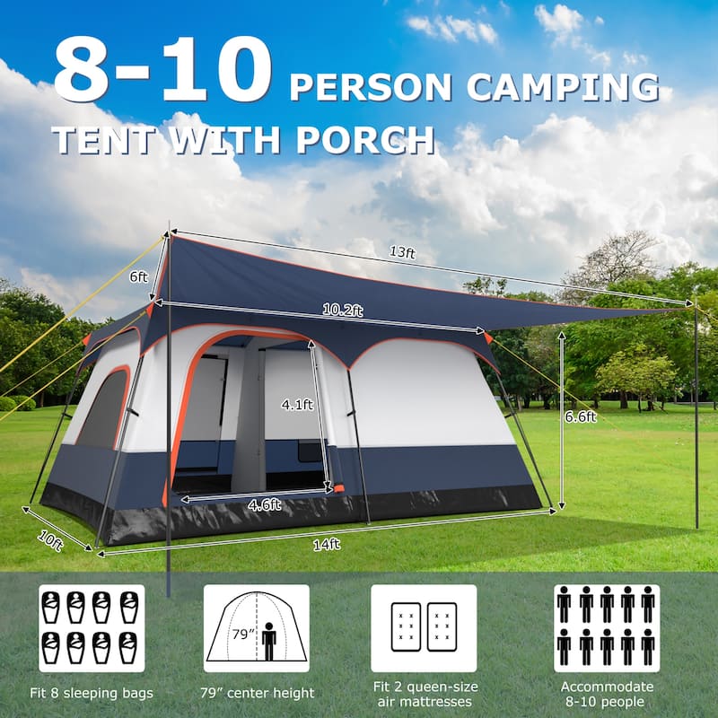 Gymax 10-Person Camping Tent with Porch Large Family Cabin Tent w/ 2