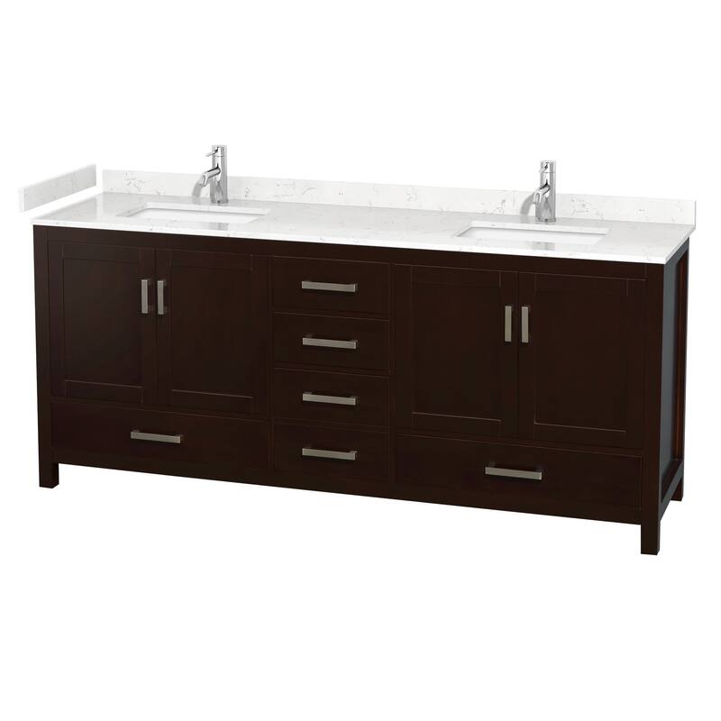 Wyndham Collection Sheffield 80" Double Bathroom Vanity, Carrara - Espresso / Carrara Cultured Marble Top / Brushed